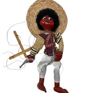 Vintage Hispanic Man w/ Guns Hand Made Oil Cloth Doll Marionette Puppet 12.5”